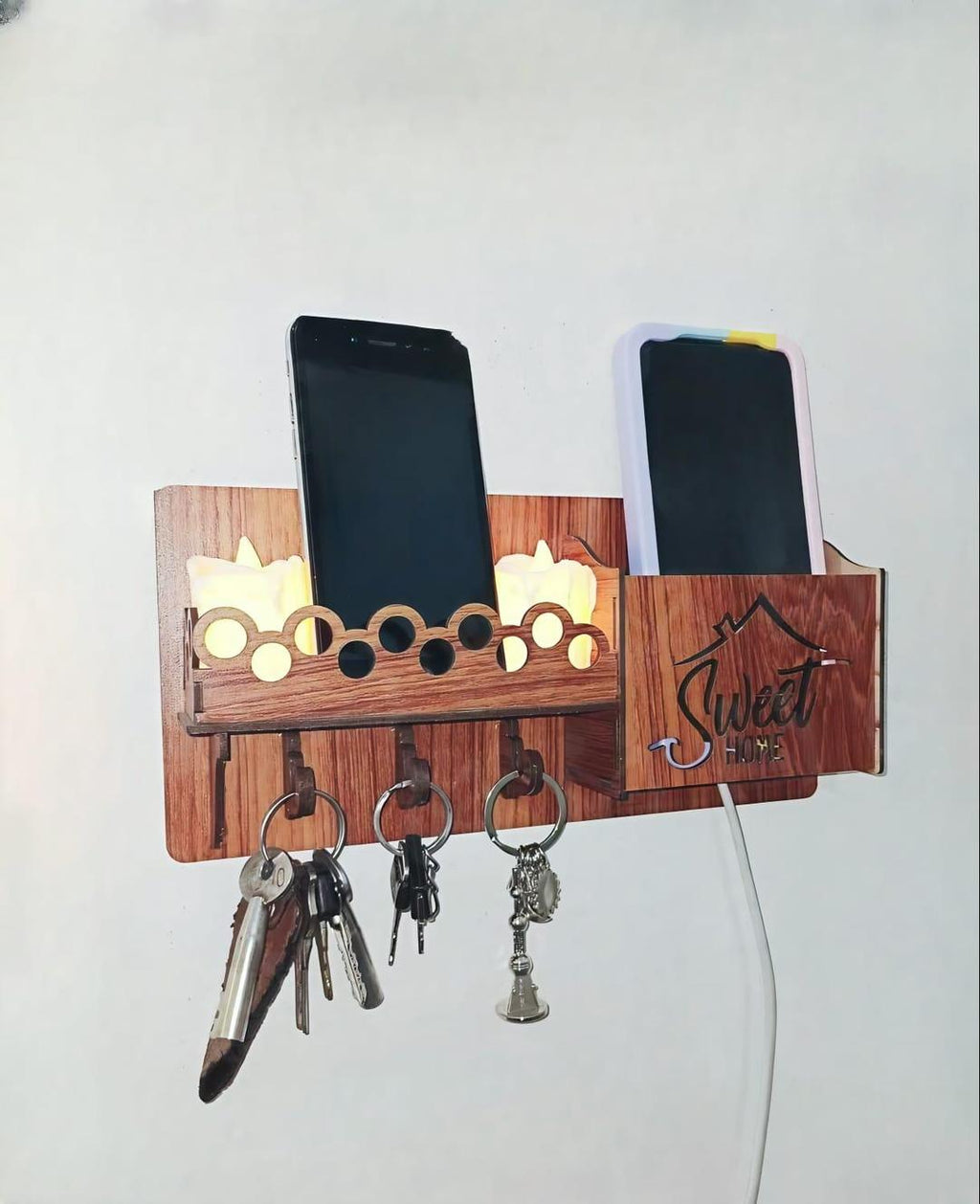 "Sweet Home Wall Phone & Key Holder Brown MDF "