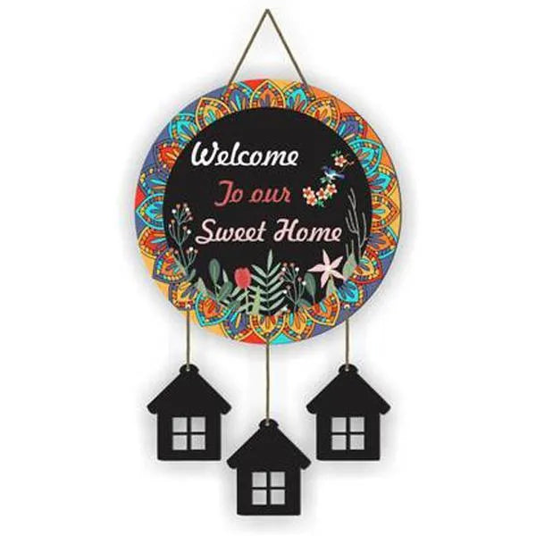 "Welcome Home Wall Hanging with 3D House Charms, Black Mandala Floral Art, 28"" Height "