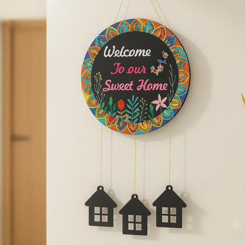 "Welcome Home Wall Hanging with 3D House Charms, Black Mandala Floral Art, 28"" Height "