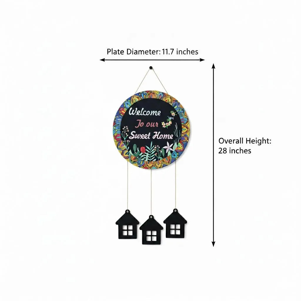 "Welcome Home Wall Hanging with 3D House Charms, Black Mandala Floral Art, 28"" Height "