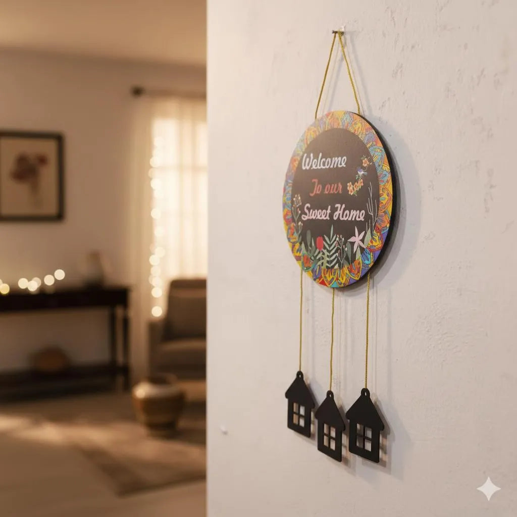 "Welcome Home Wall Hanging with 3D House Charms, Black Mandala Floral Art, 28"" Height "