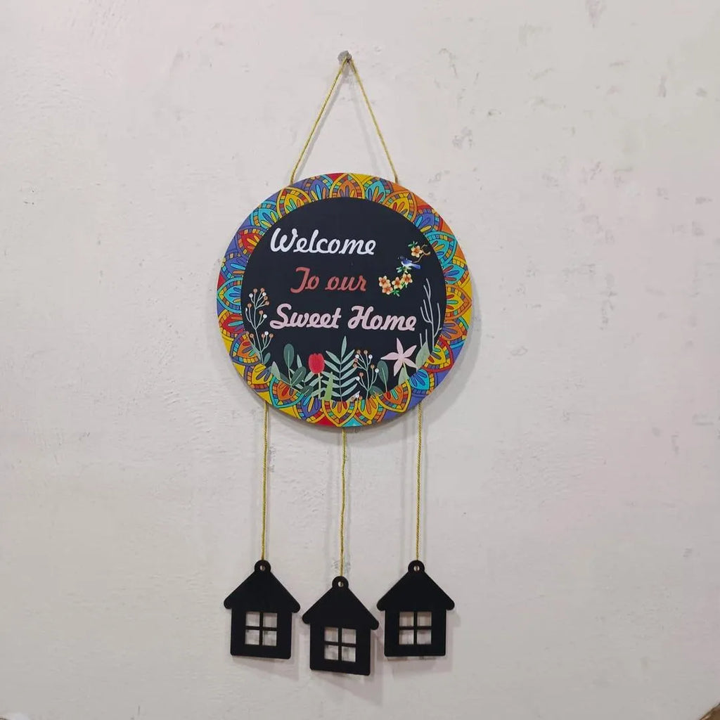 "Welcome Home Wall Hanging with 3D House Charms, Black Mandala Floral Art, 28"" Height "