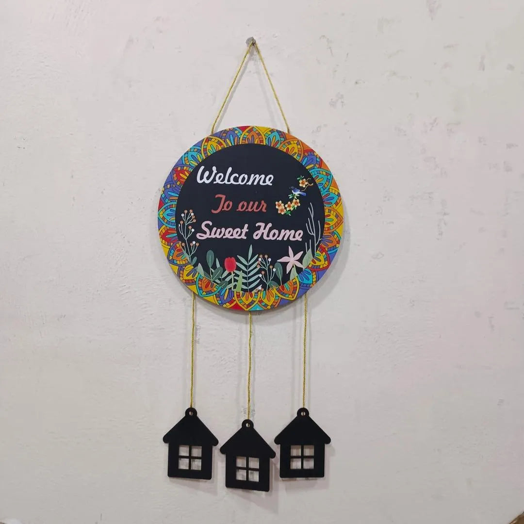 "Welcome Home Wall Hanging with 3D House Charms, Black Mandala Floral Art, 28"" Height "