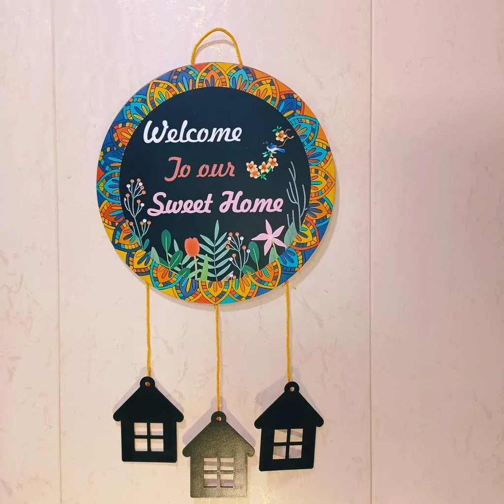 "Welcome Home Wall Hanging with 3D House Charms, Black Mandala Floral Art, 28"" Height "