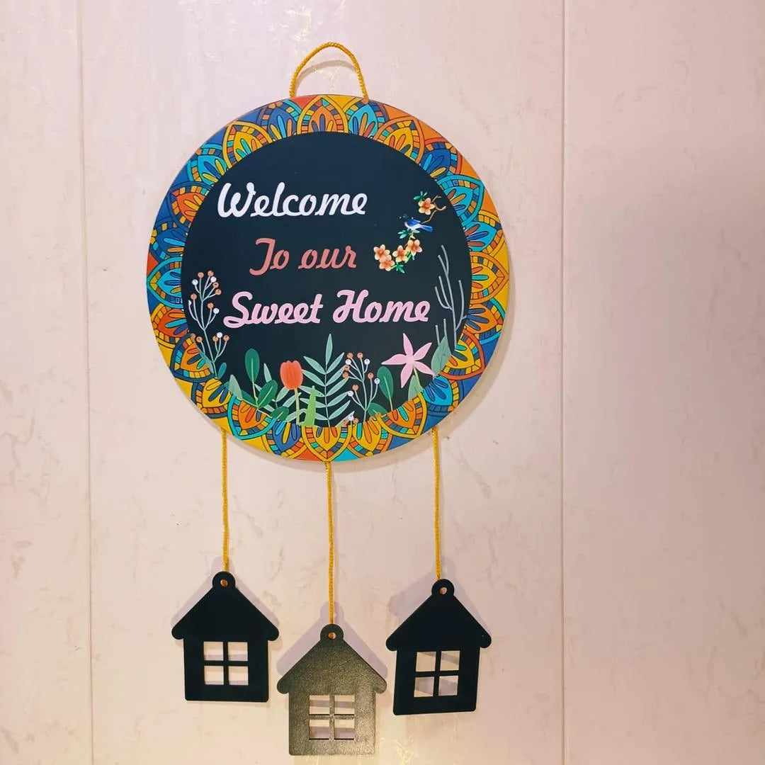 "Welcome Home Wall Hanging with 3D House Charms, Black Mandala Floral Art, 28"" Height "