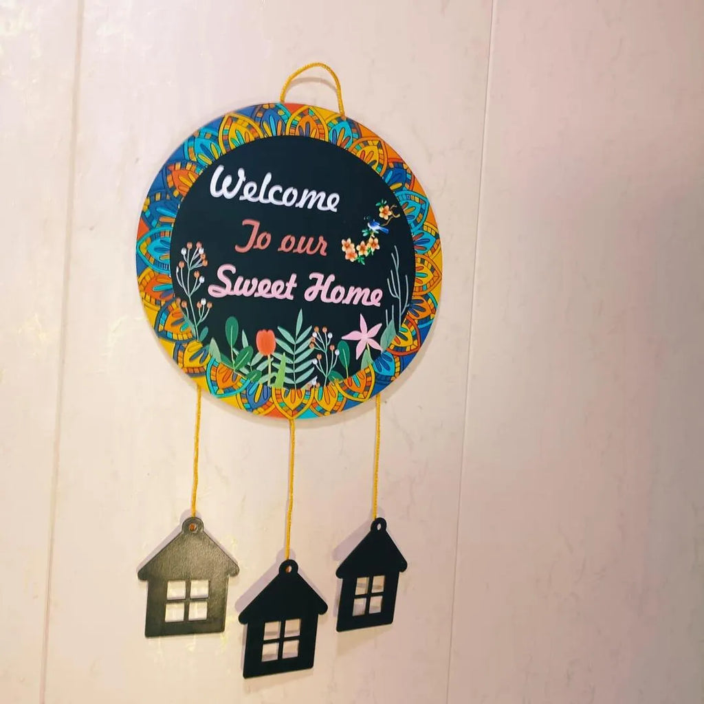 "Welcome Home Wall Hanging with 3D House Charms, Black Mandala Floral Art, 28"" Height "