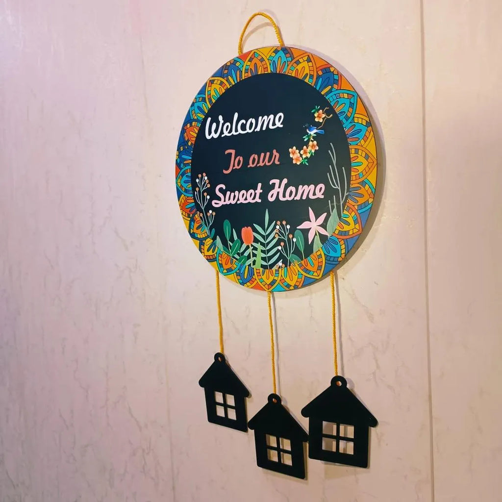 "Welcome Home Wall Hanging with 3D House Charms, Black Mandala Floral Art, 28"" Height "