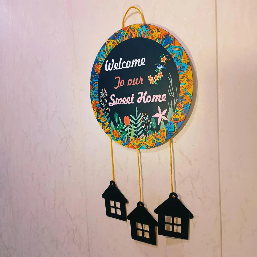 "Welcome Home Wall Hanging with 3D House Charms, Black Mandala Floral Art, 28"" Height "
