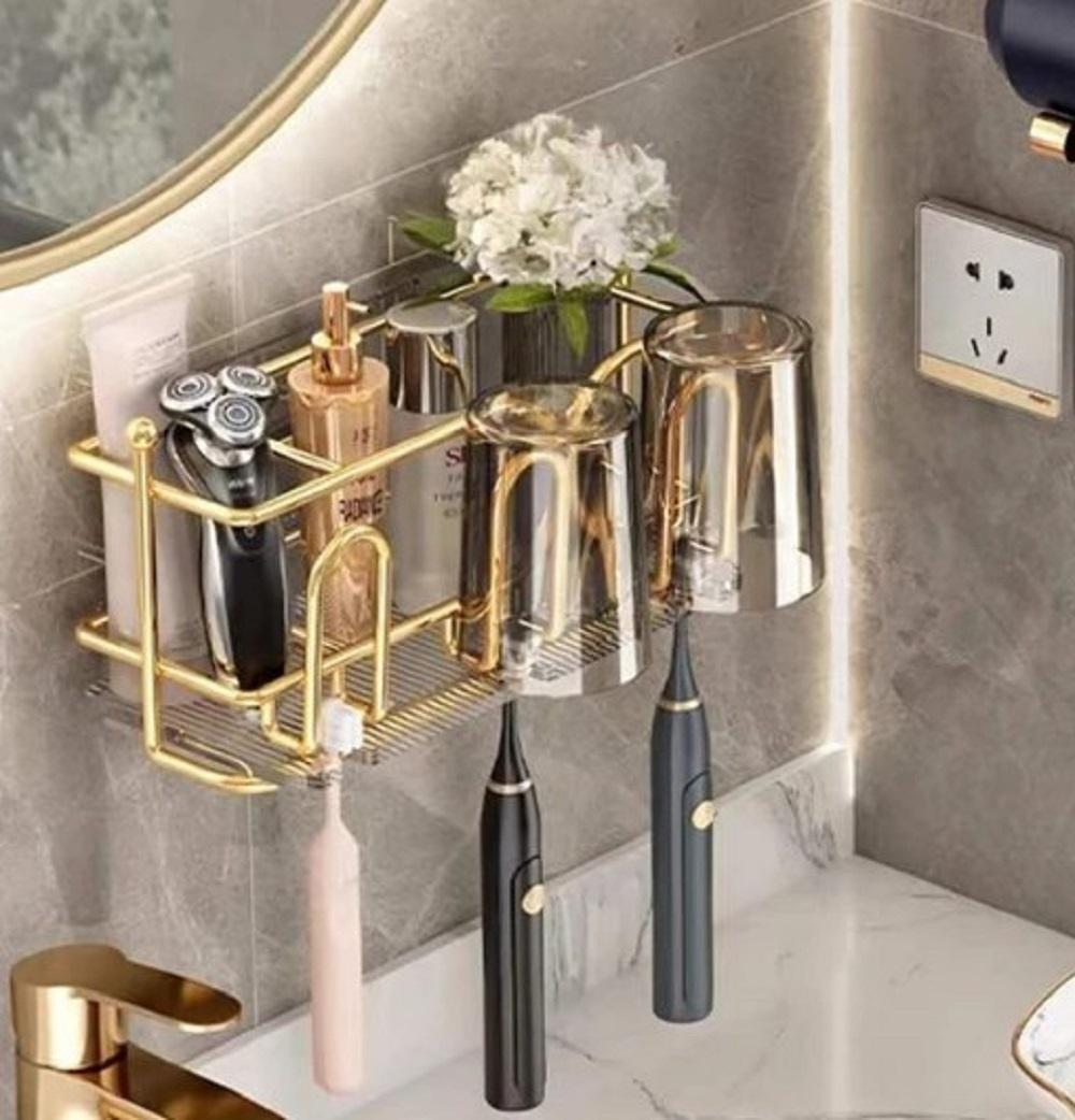 "Golden Wall Mounted Toothbrush Holder Rack for Bathroom "